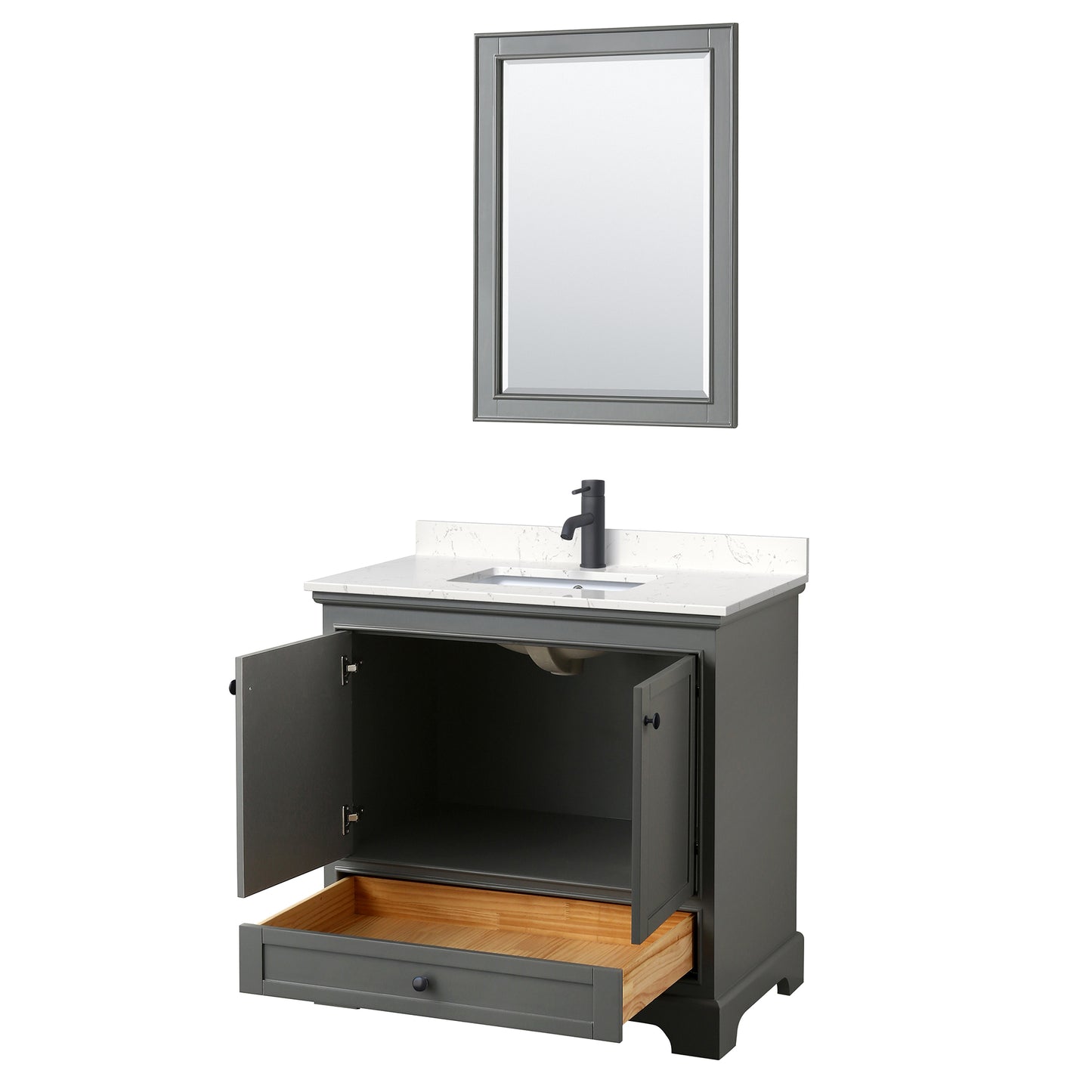 Wyndham Deborah 36 Inch Single Bathroom Vanity Carrara Cultured Marble Countertop, Undermount Square Sink in Matte Black Trim with 24 Inch Mirror - Luxe Bathroom Vanities