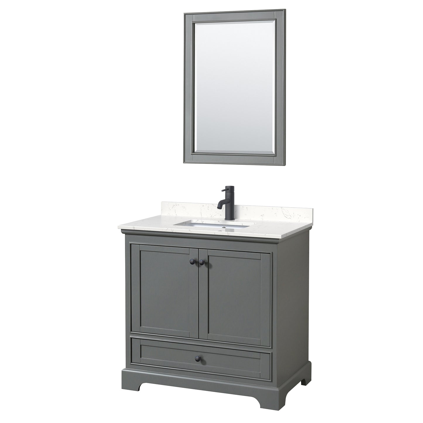 Wyndham Deborah 36 Inch Single Bathroom Vanity Carrara Cultured Marble Countertop, Undermount Square Sink in Matte Black Trim with 24 Inch Mirror - Luxe Bathroom Vanities