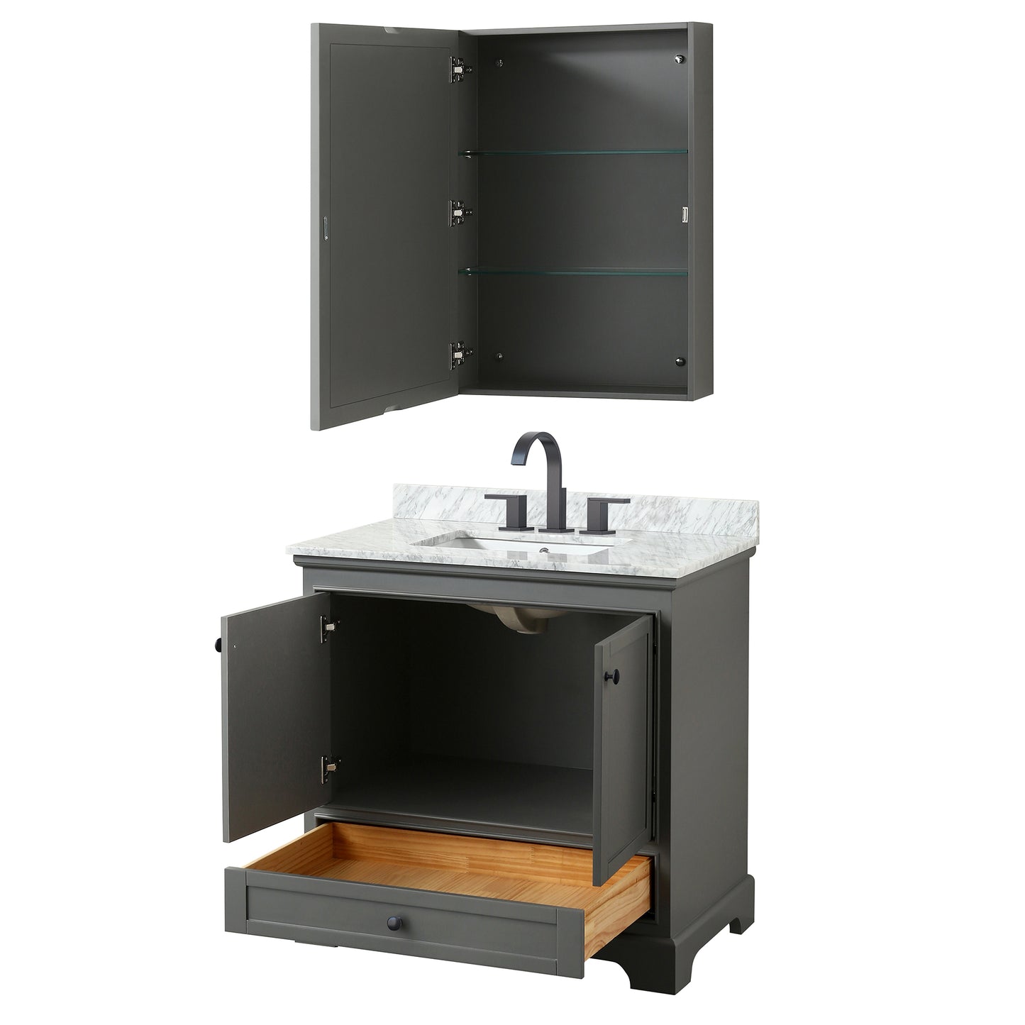 Wyndham Deborah 36 Inch Single Bathroom Vanity Undermount Square Sink in Matte Black Trim with Medicine Cabinet - Luxe Bathroom Vanities