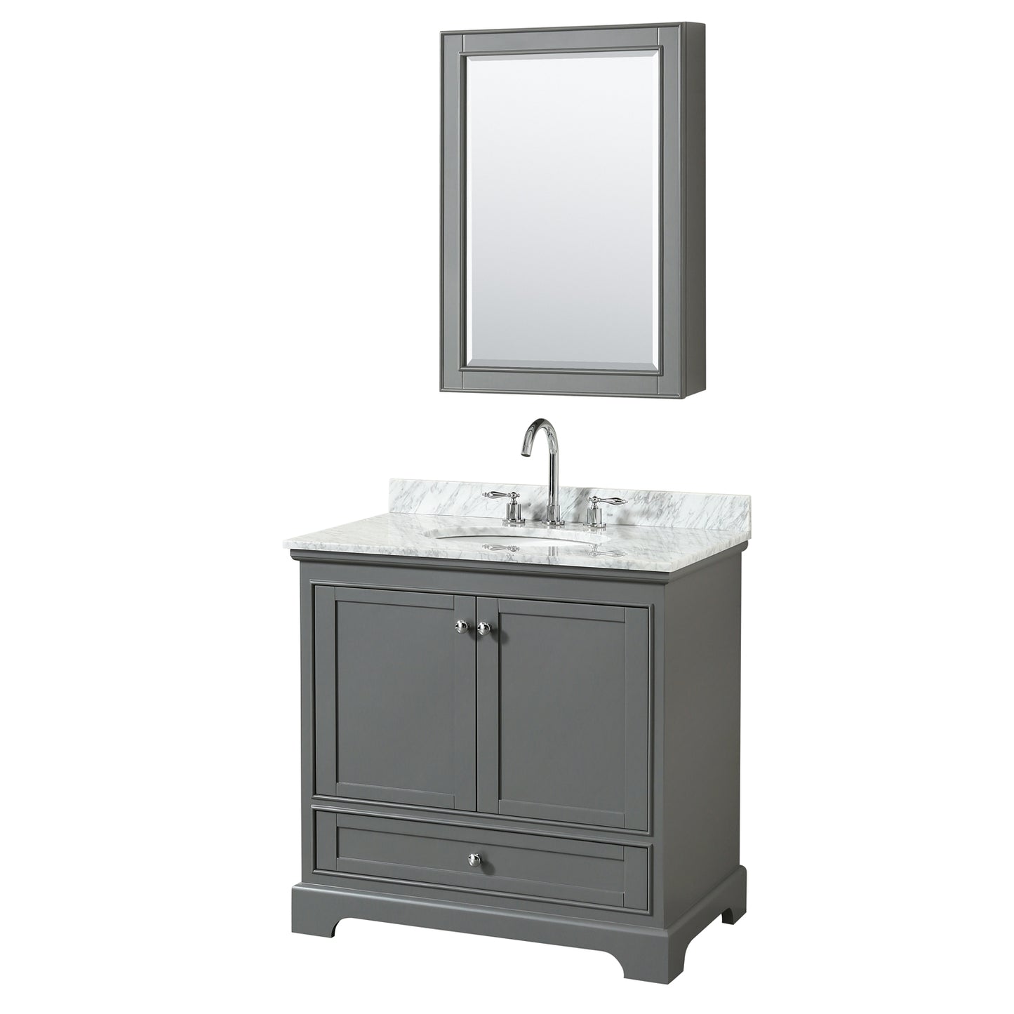 36 Inch Single Bathroom Vanity, White Carrara Marble Countertop, Undermount Oval Sink, and Medicine Cabinet - Luxe Bathroom Vanities Luxury Bathroom Fixtures Bathroom Furniture