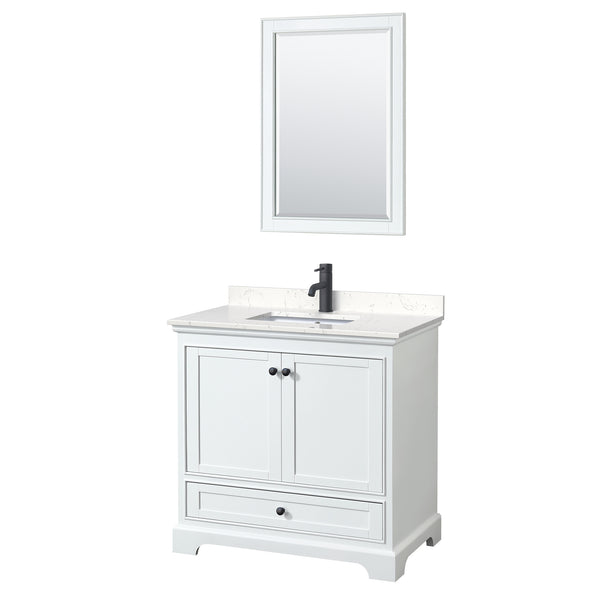 Wyndham Deborah 36 Inch Single Bathroom Vanity Carrara Cultured Marble Countertop, Undermount Square Sink in Matte Black Trim with 24 Inch Mirror - Luxe Bathroom Vanities