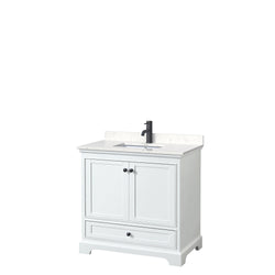 Wyndham Deborah 36 Inch Single Bathroom Vanity Carrara Cultured Marble Countertop, Undermount Square Sink in Matte Black Trim - Luxe Bathroom Vanities