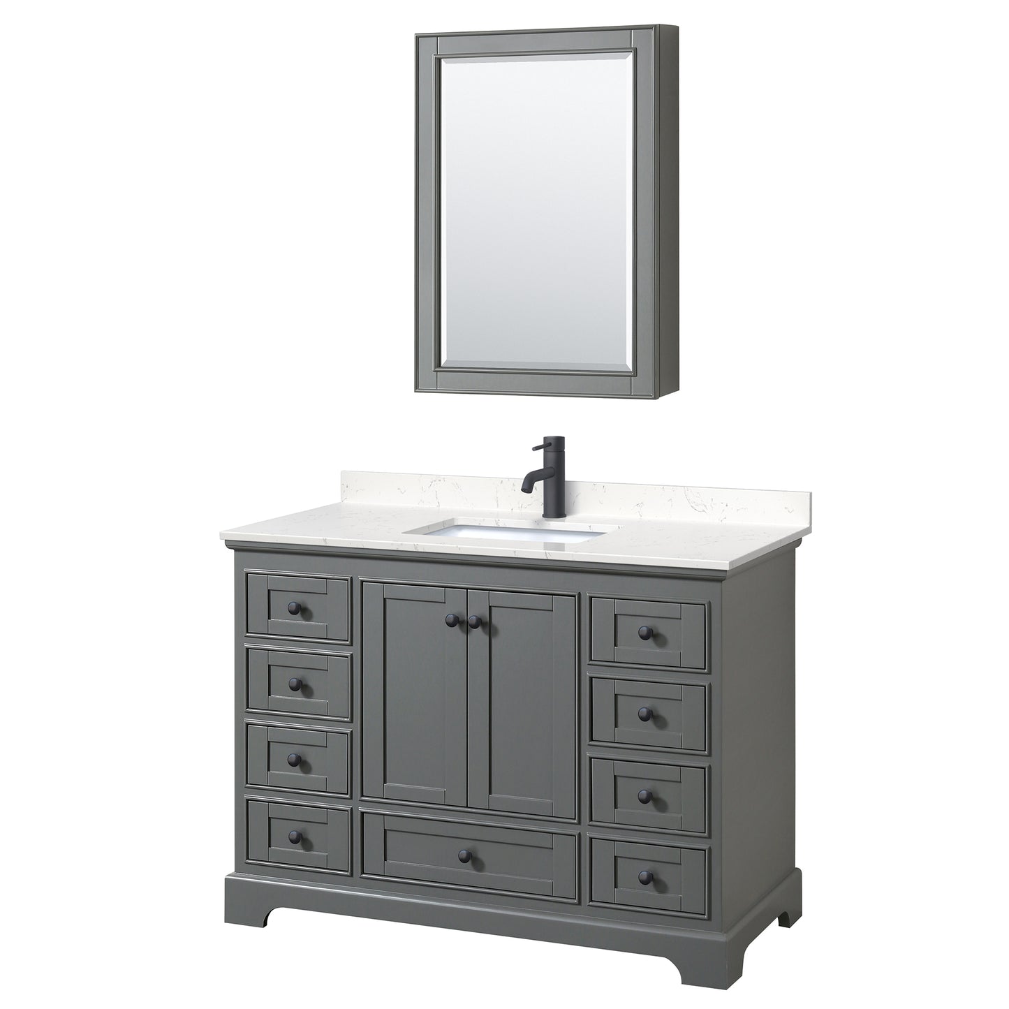 Wyndham Deborah 48 Inch Single Bathroom Vanity Carrara Cultured Marble Countertop, Undermount Square Sink in Matte Black Trim with Medicine Cabinet - Luxe Bathroom Vanities