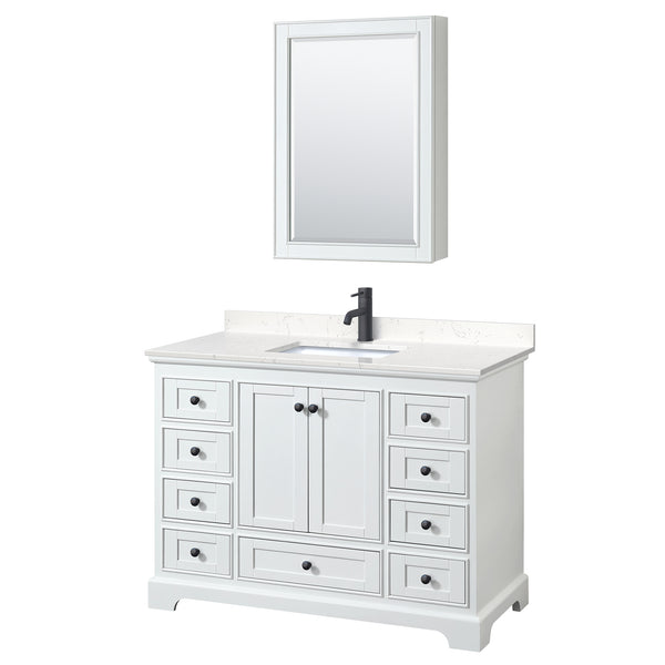 Wyndham Deborah 48 Inch Single Bathroom Vanity Carrara Cultured Marble Countertop, Undermount Square Sink in Matte Black Trim with Medicine Cabinet - Luxe Bathroom Vanities