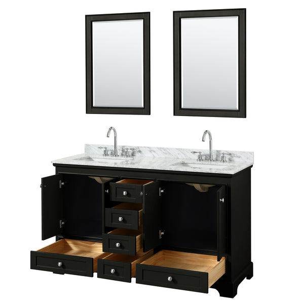 60 Inch Double Bathroom Vanity in Dark Espresso, White Carrara Marble Countertop, Undermount Square Sinks, and 24 Inch Mirrors - Luxe Bathroom Vanities Luxury Bathroom Fixtures Bathroom Furniture