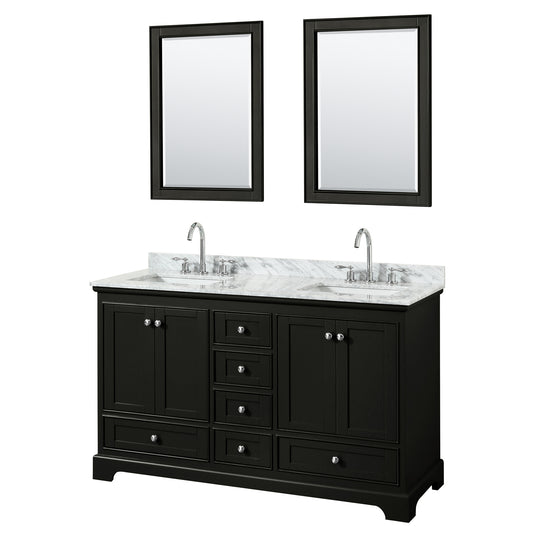 60 Inch Double Bathroom Vanity in Dark Espresso, White Carrara Marble Countertop, Undermount Square Sinks, and 24 Inch Mirrors - Luxe Bathroom Vanities Luxury Bathroom Fixtures Bathroom Furniture