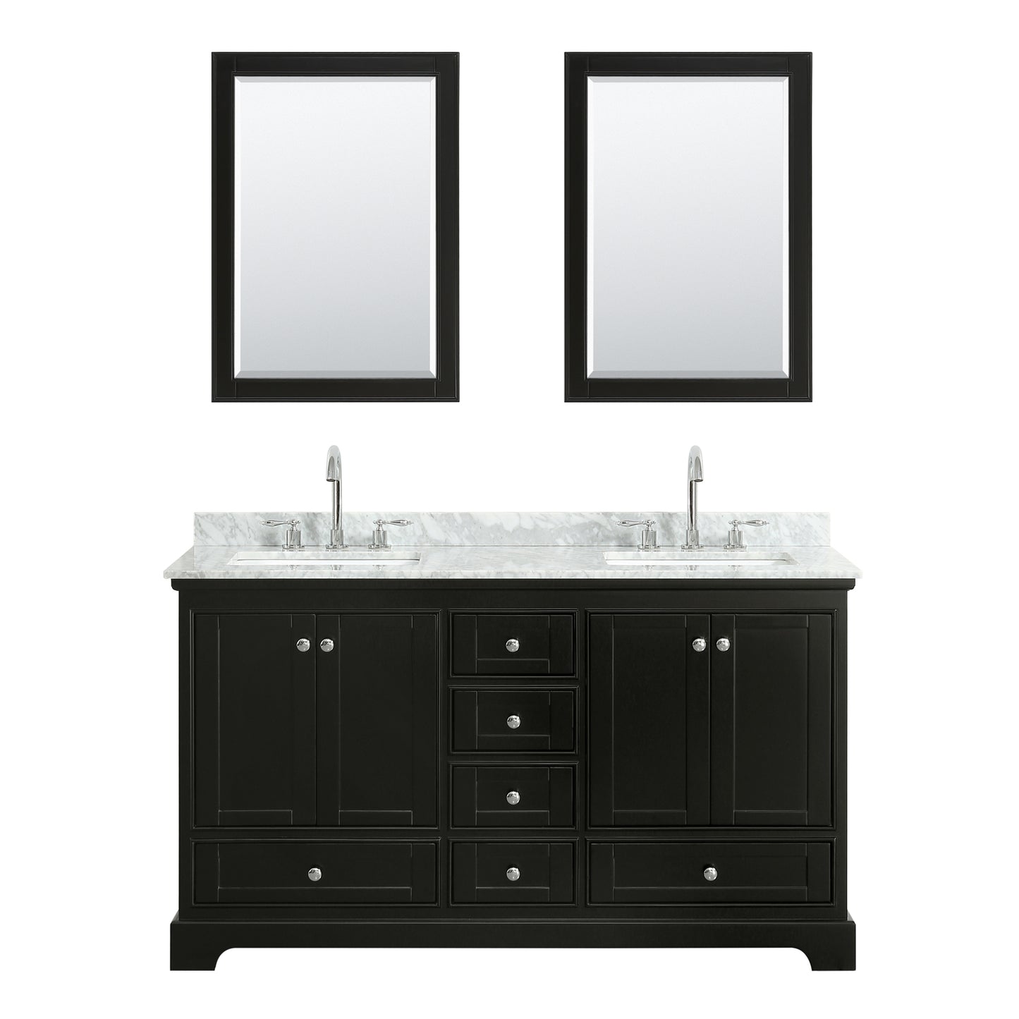 60 Inch Double Bathroom Vanity in Dark Espresso, White Carrara Marble Countertop, Undermount Square Sinks, and Medicine Cabinets - Luxe Bathroom Vanities Luxury Bathroom Fixtures Bathroom Furniture