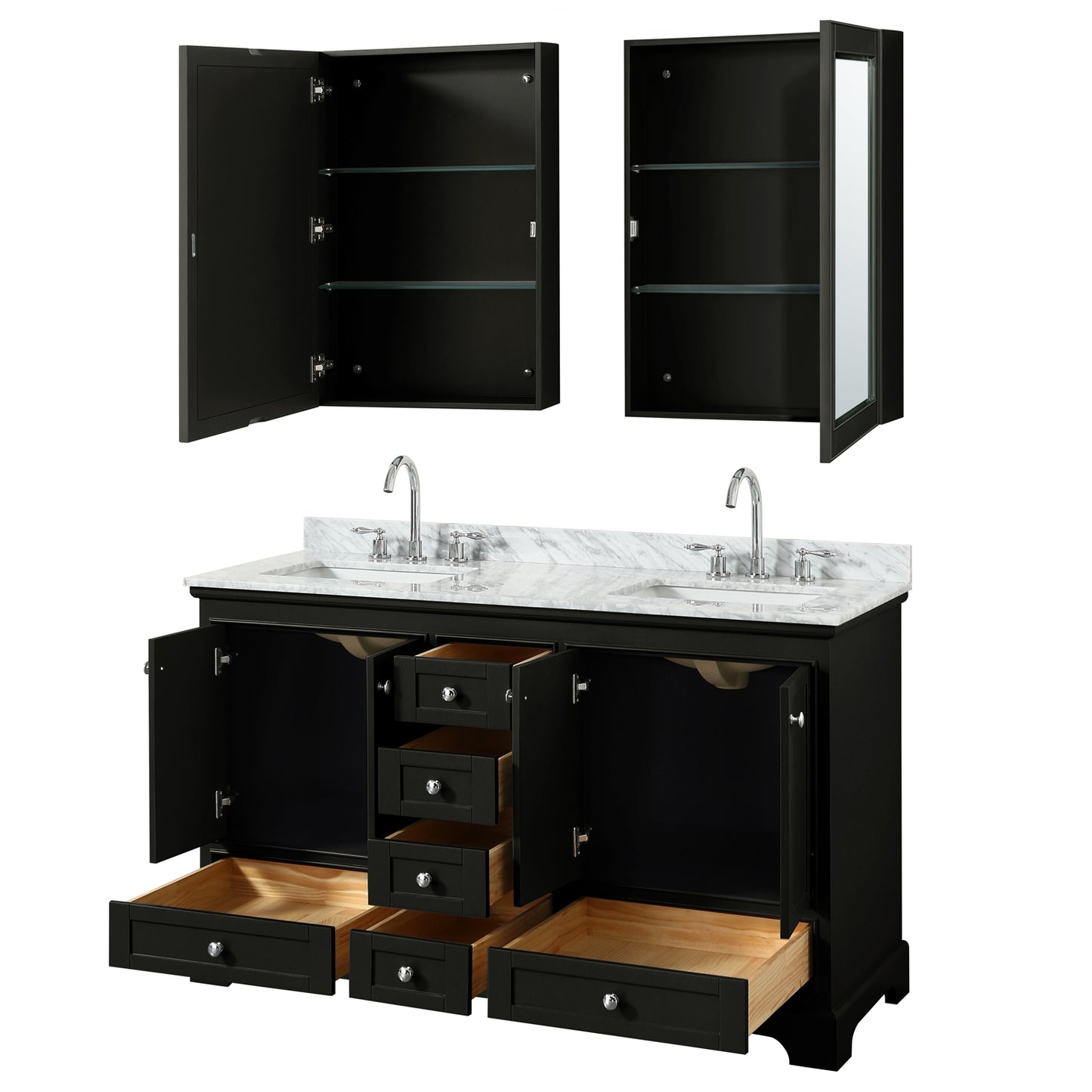 60 Inch Double Bathroom Vanity in Dark Espresso, White Carrara Marble Countertop, Undermount Square Sinks, and Medicine Cabinets - Luxe Bathroom Vanities Luxury Bathroom Fixtures Bathroom Furniture