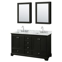 60 Inch Double Bathroom Vanity in Dark Espresso, White Carrara Marble Countertop, Undermount Square Sinks, and Medicine Cabinets - Luxe Bathroom Vanities Luxury Bathroom Fixtures Bathroom Furniture