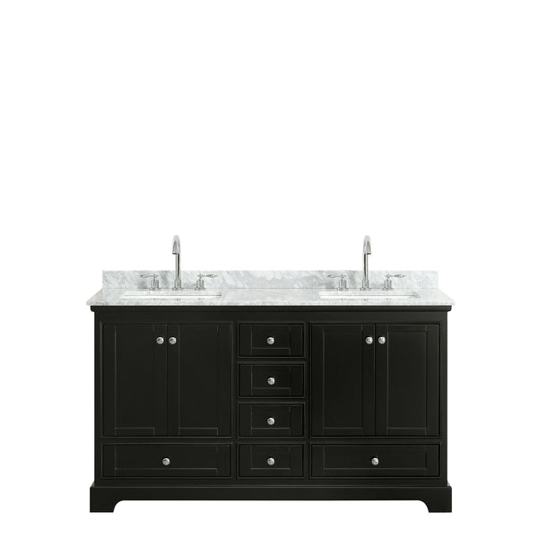 60 Inch Double Bathroom Vanity in Dark Espresso, White Carrara Marble Countertop, Undermount Square Sinks, and No Mirrors - Luxe Bathroom Vanities Luxury Bathroom Fixtures Bathroom Furniture