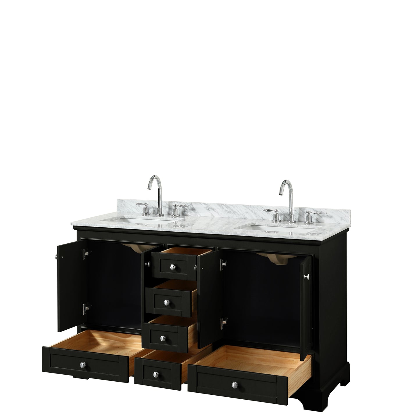 60 Inch Double Bathroom Vanity in Dark Espresso, White Carrara Marble Countertop, Undermount Square Sinks, and No Mirrors - Luxe Bathroom Vanities Luxury Bathroom Fixtures Bathroom Furniture