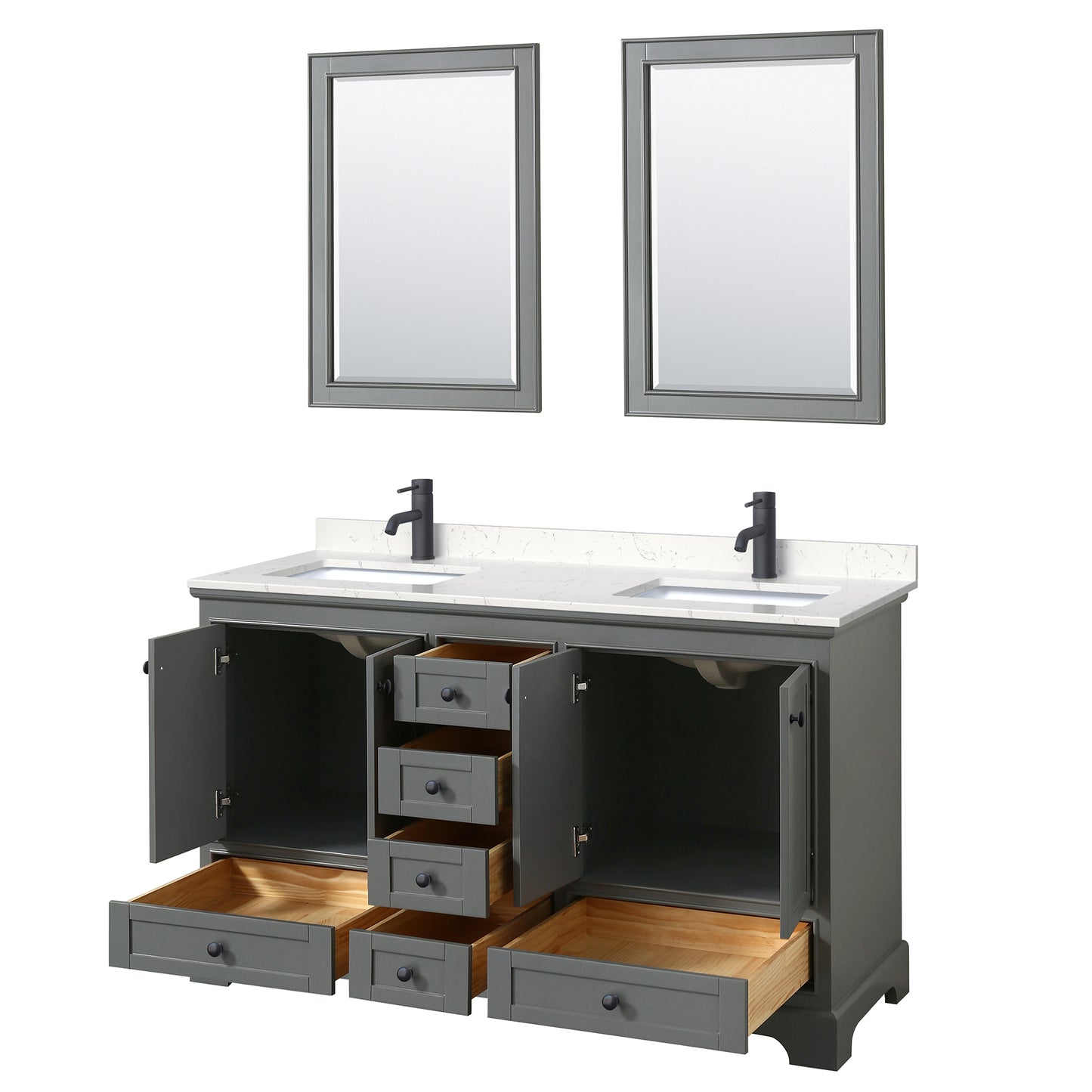 Wyndham Deborah 60 Inch Double Bathroom Vanity Carrara Cultured Marble Countertop, Undermount Square Sinks in Matte Black Trim with 24 Inch Mirrors - Luxe Bathroom Vanities