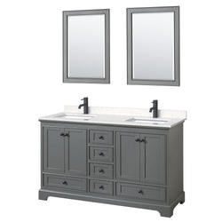 Wyndham Deborah 60 Inch Double Bathroom Vanity Carrara Cultured Marble Countertop, Undermount Square Sinks in Matte Black Trim with 24 Inch Mirrors - Luxe Bathroom Vanities