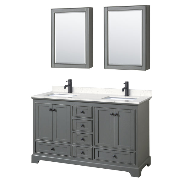 Wyndham Deborah 60 Inch Double Bathroom Vanity Carrara Cultured Marble Countertop, Undermount Square Sinks in Matte Black Trim with Medicine Cabinets - Luxe Bathroom Vanities