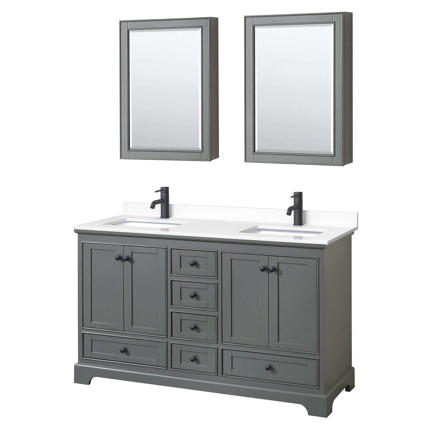 Wyndham Deborah 60 Inch Double Bathroom Vanity White Cultured Marble Countertop, Undermount Square Sinks in Matte Black Trim with Medicine Cabinets - Luxe Bathroom Vanities