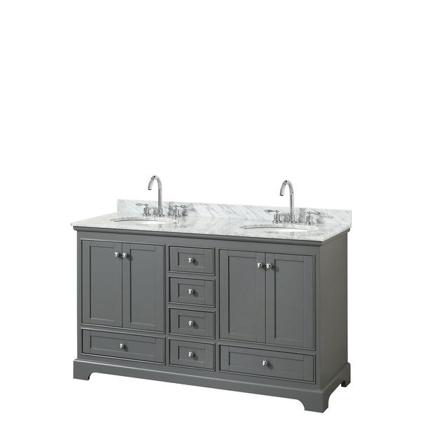 60 Inch Double Bathroom Vanity, White Carrara Marble Countertop, Undermount Oval Sinks, and No Mirrors - Luxe Bathroom Vanities Luxury Bathroom Fixtures Bathroom Furniture