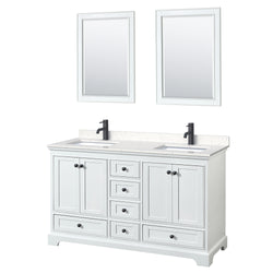 Wyndham Deborah 60 Inch Double Bathroom Vanity Carrara Cultured Marble Countertop, Undermount Square Sinks in Matte Black Trim with 24 Inch Mirrors - Luxe Bathroom Vanities