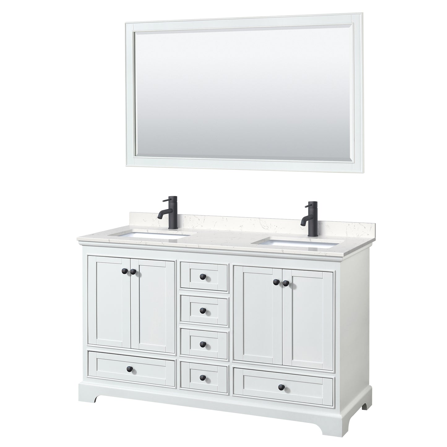 Wyndham Deborah 60 Inch Double Bathroom Vanity Carrara Cultured Marble Countertop, Undermount Square Sinks in Matte Black Trim with 58 Inch Mirror - Luxe Bathroom Vanities