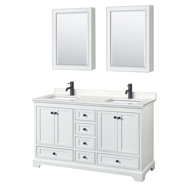 Wyndham Deborah 60 Inch Double Bathroom Vanity Carrara Cultured Marble Countertop, Undermount Square Sinks in Matte Black Trim with Medicine Cabinets - Luxe Bathroom Vanities