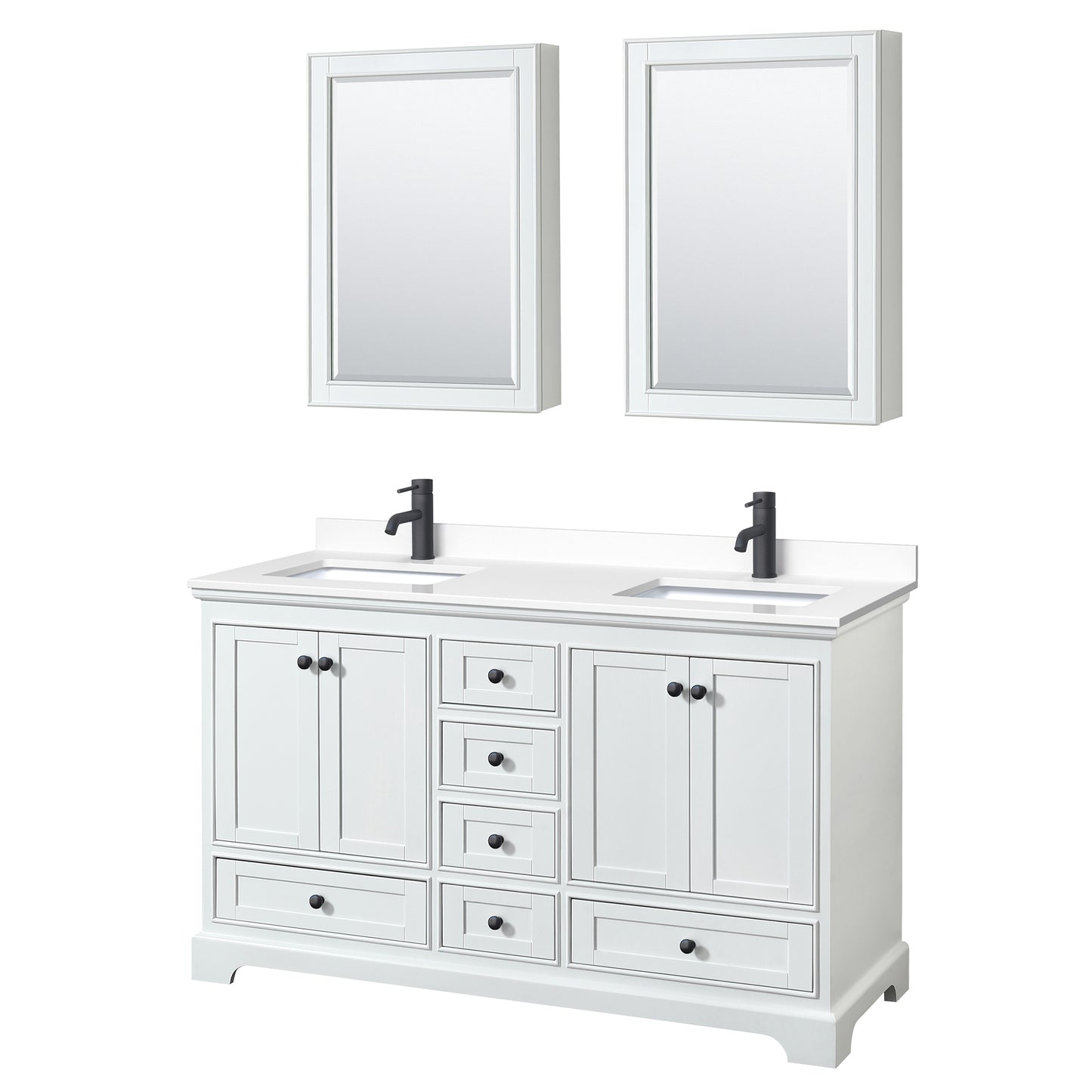 Wyndham Deborah 60 Inch Double Bathroom Vanity White Cultured Marble Countertop, Undermount Square Sinks in Matte Black Trim with Medicine Cabinets - Luxe Bathroom Vanities