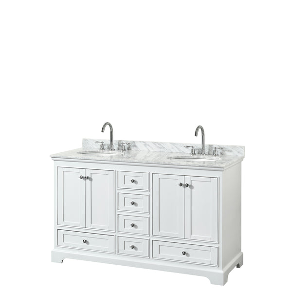 60 Inch Double Bathroom Vanity, White Carrara Marble Countertop, Undermount Oval Sinks, and No Mirrors - Luxe Bathroom Vanities Luxury Bathroom Fixtures Bathroom Furniture