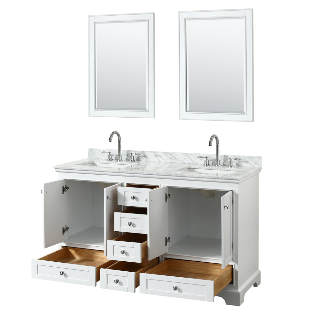 60 inch Double Bathroom Vanity, White Carrara Marble Countertop, Undermount Square Sinks, and 24 inch Mirrors - Luxe Bathroom Vanities Luxury Bathroom Fixtures Bathroom Furniture