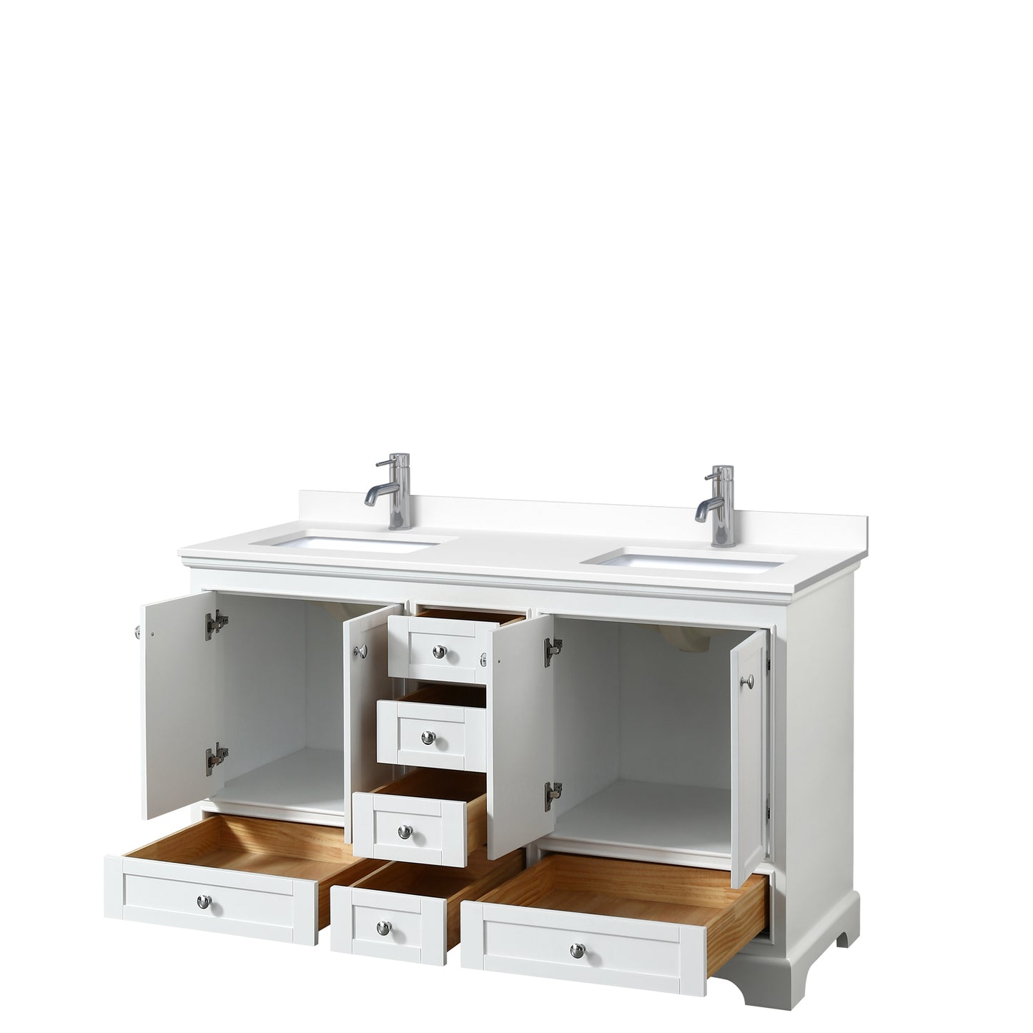 Wyndham Collection Deborah 60 Inch Double Bathroom Vanity in White with Countertop and Undermount Square Sinks, No Mirrors - Luxe Bathroom Vanities