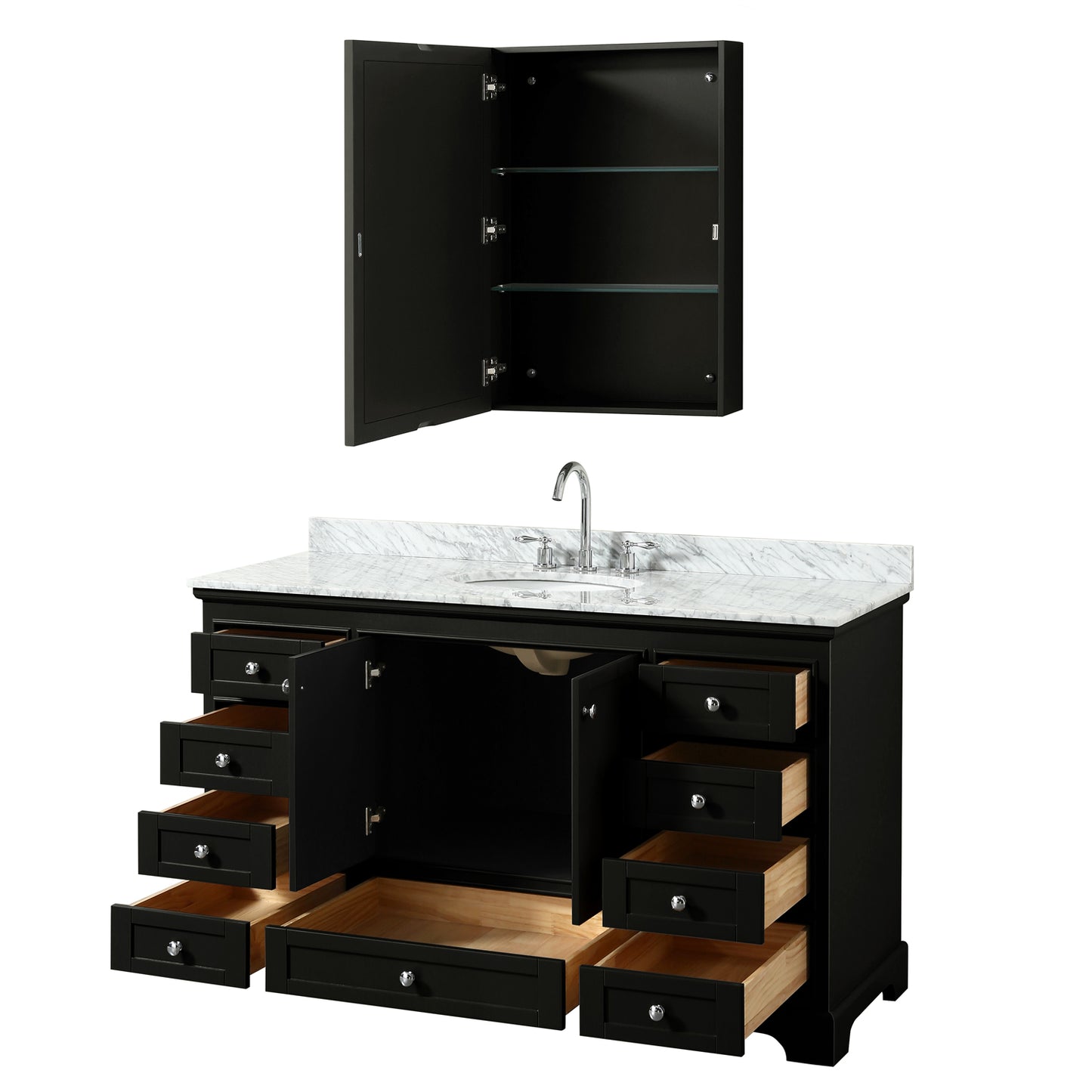 60 Inch Single Bathroom Vanity, White Carrara Marble Countertop, Undermount Oval Sink, and Medicine Cabinet - Luxe Bathroom Vanities Luxury Bathroom Fixtures Bathroom Furniture