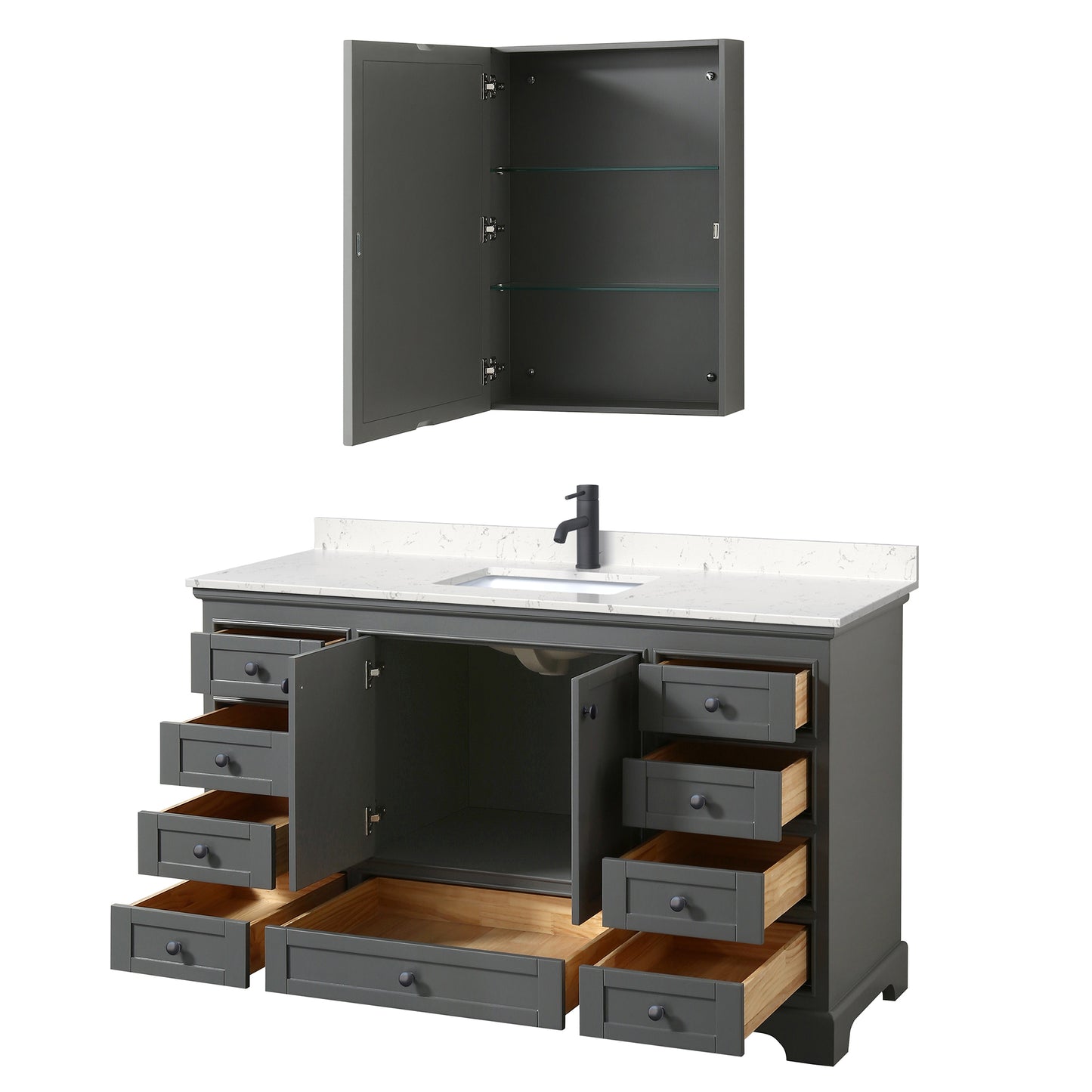 Wyndham Deborah 60 Inch Single Bathroom Vanity Carrara Cultured Marble Countertop, Undermount Square Sink in Matte Black Trim with Medicine Cabinet - Luxe Bathroom Vanities