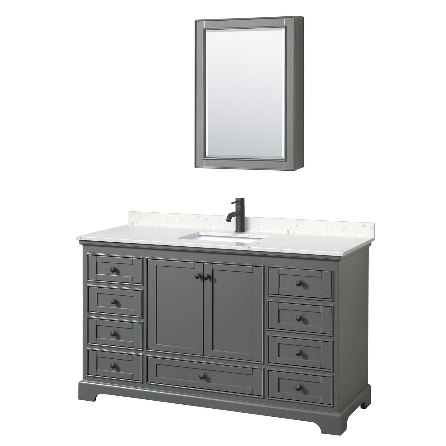 Wyndham Deborah 60 Inch Single Bathroom Vanity Carrara Cultured Marble Countertop, Undermount Square Sink in Matte Black Trim with Medicine Cabinet - Luxe Bathroom Vanities