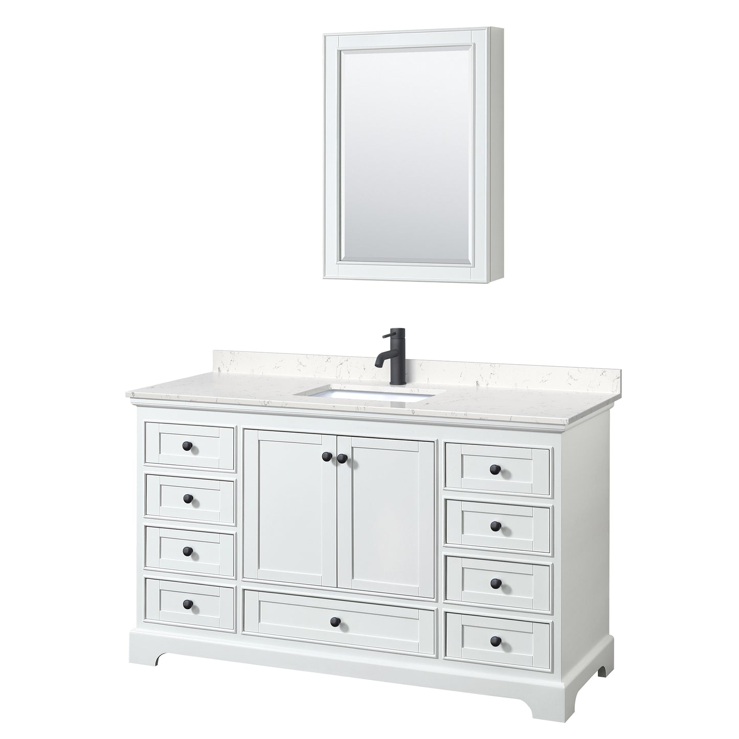 Wyndham Deborah 60 Inch Single Bathroom Vanity Carrara Cultured Marble Countertop, Undermount Square Sink in Matte Black Trim with Medicine Cabinet - Luxe Bathroom Vanities