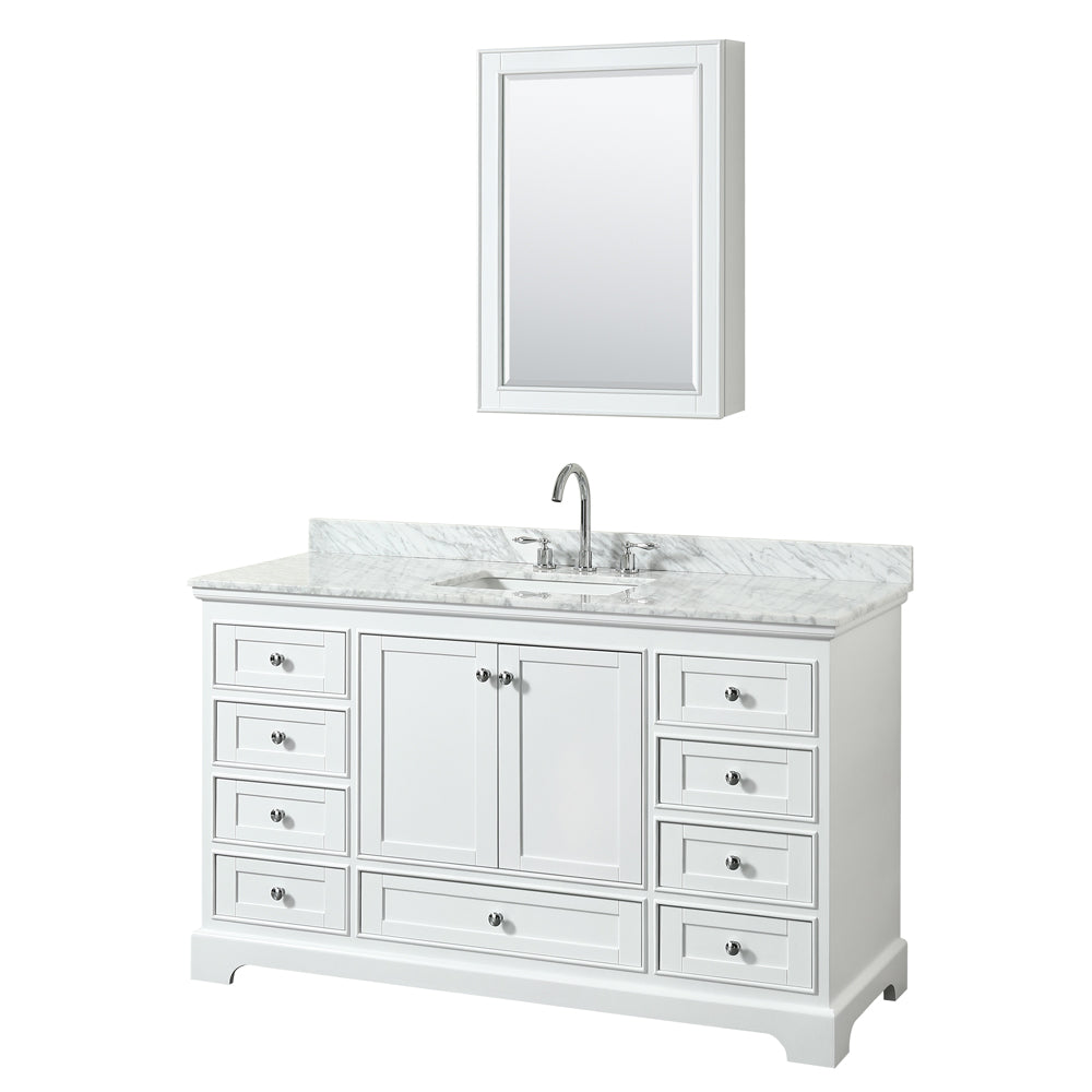 60 inch Single Bathroom Vanity, White Carrara Marble Countertop, Undermount Square Sink, and Medicine Cabinet - Luxe Bathroom Vanities Luxury Bathroom Fixtures Bathroom Furniture