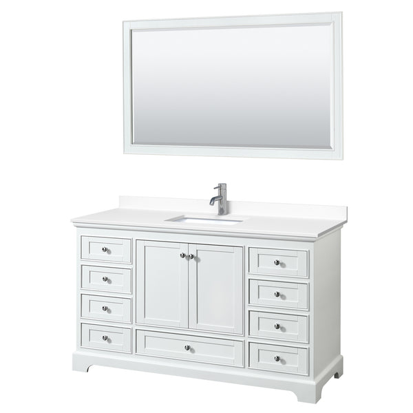 Wyndham Collection Deborah 60 Inch Single Bathroom Vanity in White, White Cultured Marble Countertop, Undermount Square Sink, 58 Inch Mirror - Luxe Bathroom Vanities