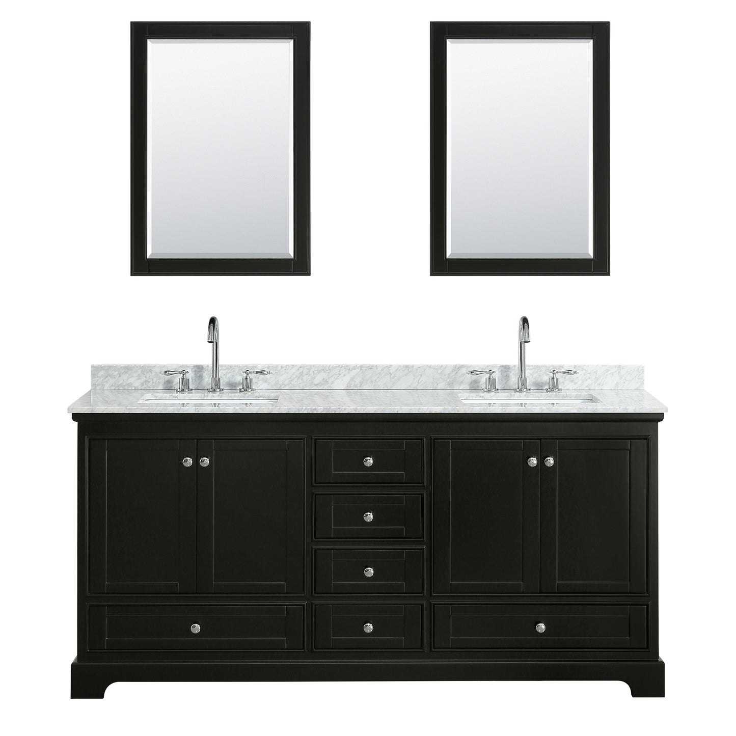 72 Inch Double Bathroom Vanity in Dark Espresso, White Carrara Marble Countertop, Undermount Square Sinks, and 24 Inch Mirrors - Luxe Bathroom Vanities Luxury Bathroom Fixtures Bathroom Furniture