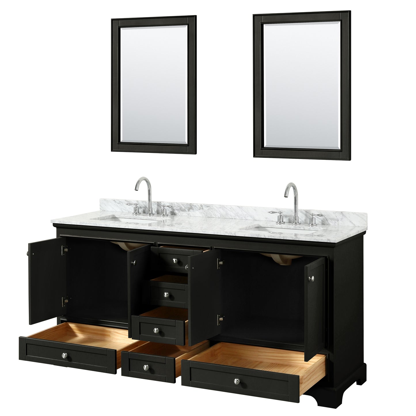 72 Inch Double Bathroom Vanity in Dark Espresso, White Carrara Marble Countertop, Undermount Square Sinks, and 24 Inch Mirrors - Luxe Bathroom Vanities Luxury Bathroom Fixtures Bathroom Furniture