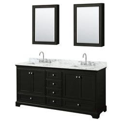 72 Inch Double Bathroom Vanity in Dark Espresso, White Carrara Marble Countertop, Undermount Square Sinks, and Medicine Cabinets - Luxe Bathroom Vanities Luxury Bathroom Fixtures Bathroom Furniture