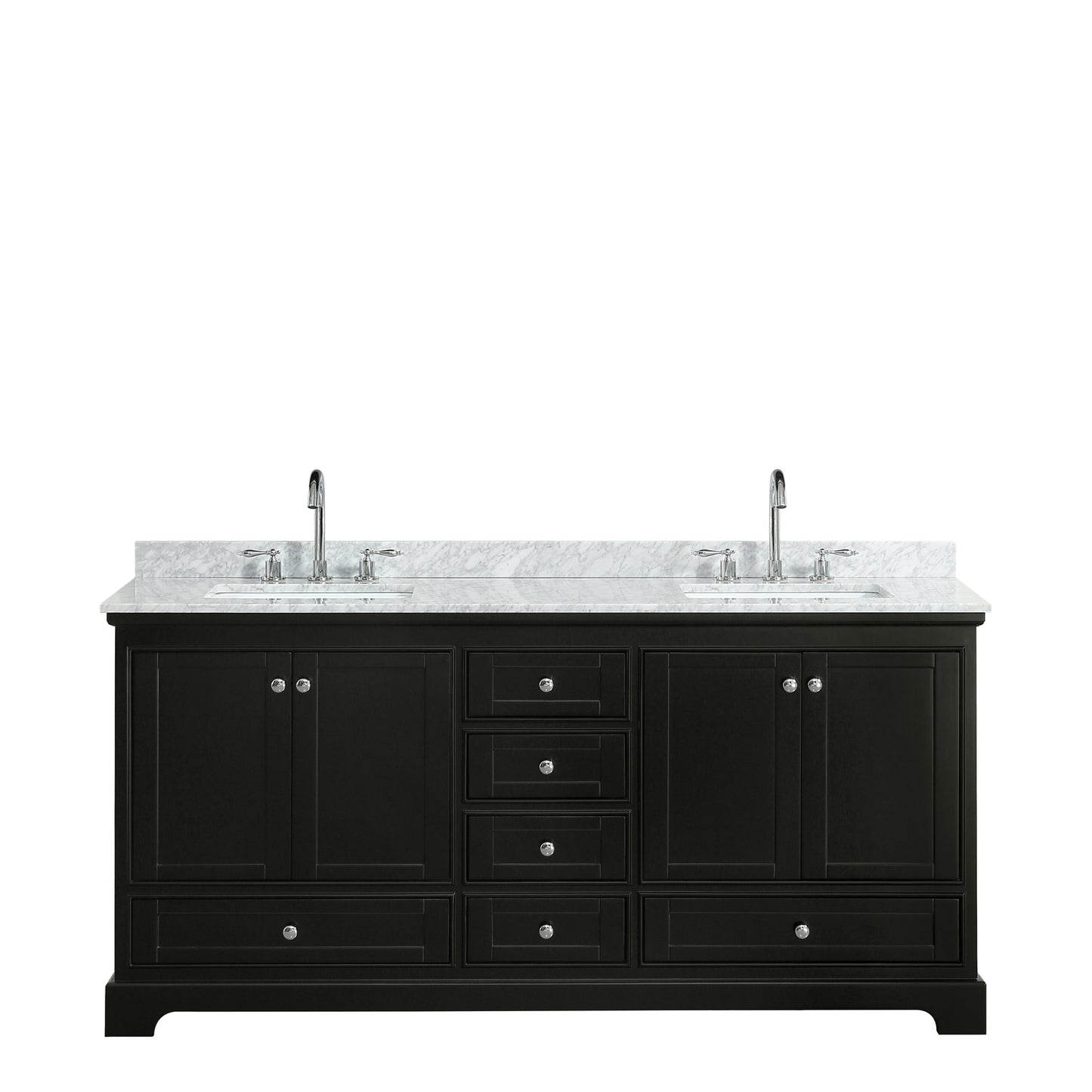 72 Inch Double Bathroom Vanity in Dark Espresso, White Carrara Marble Countertop, Undermount Square Sinks, and No Mirrors - Luxe Bathroom Vanities Luxury Bathroom Fixtures Bathroom Furniture