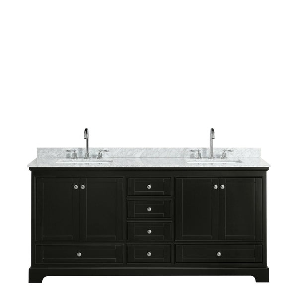 72 Inch Double Bathroom Vanity in Dark Espresso, White Carrara Marble Countertop, Undermount Square Sinks, and No Mirrors - Luxe Bathroom Vanities Luxury Bathroom Fixtures Bathroom Furniture