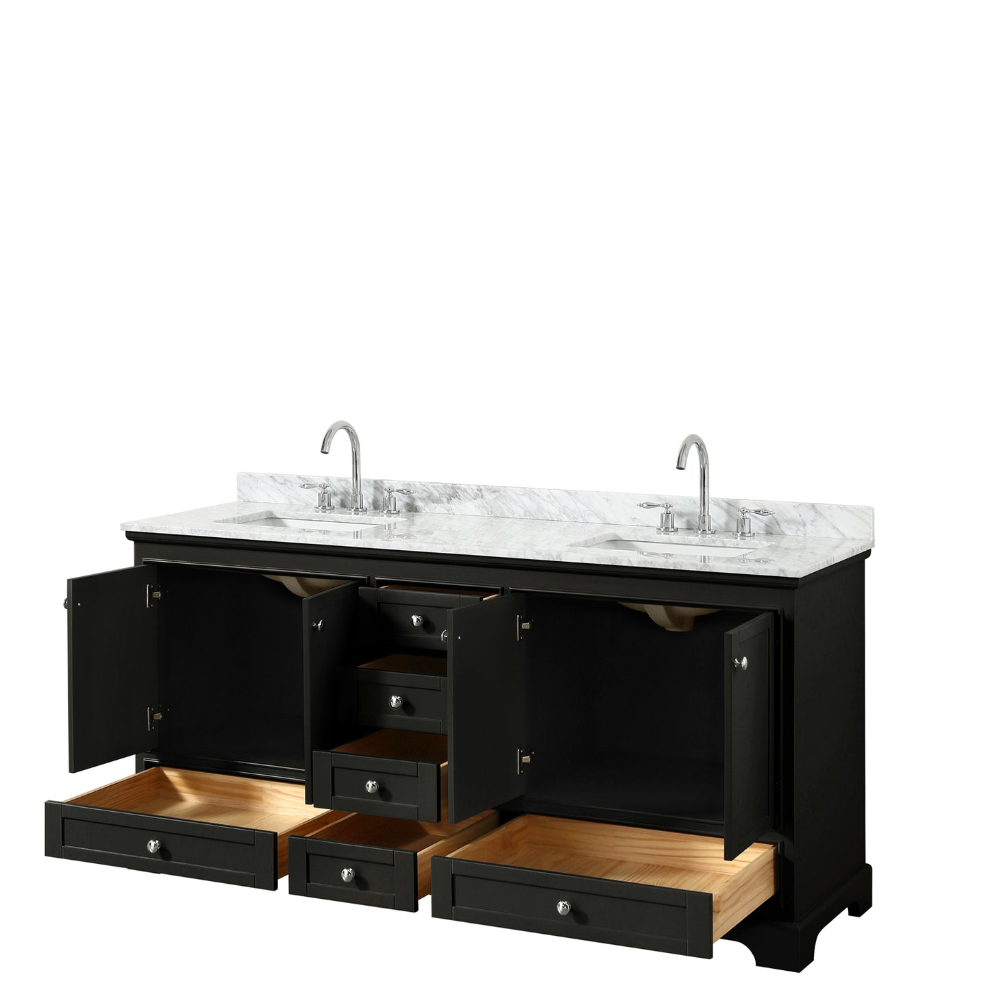 72 Inch Double Bathroom Vanity in Dark Espresso, White Carrara Marble Countertop, Undermount Square Sinks, and No Mirrors - Luxe Bathroom Vanities Luxury Bathroom Fixtures Bathroom Furniture