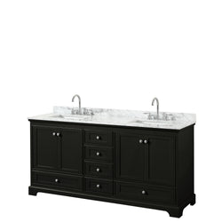 72 Inch Double Bathroom Vanity in Dark Espresso, White Carrara Marble Countertop, Undermount Square Sinks, and No Mirrors - Luxe Bathroom Vanities Luxury Bathroom Fixtures Bathroom Furniture