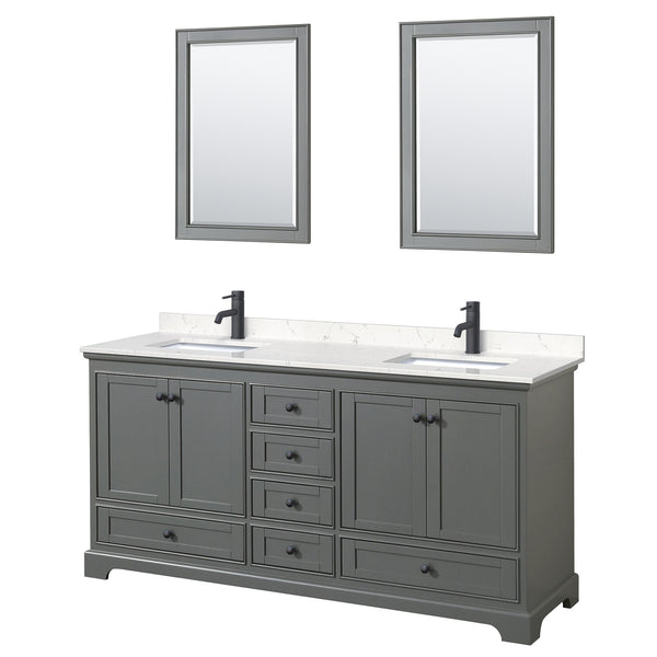 Wyndham Deborah 72 Inch Double Bathroom Vanity Carrara Cultured Marble Countertop, Undermount Square Sinks in Matte Black Trim with 24 Inch Mirrors - Luxe Bathroom Vanities