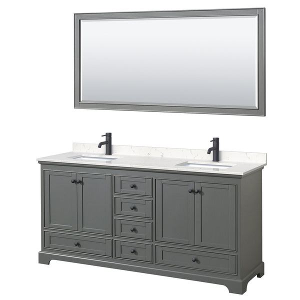 Wyndham Deborah 72 Inch Double Bathroom Vanity Carrara Cultured Marble Countertop, Undermount Square Sinks in Matte Black Trim with 70 Inch Mirror - Luxe Bathroom Vanities