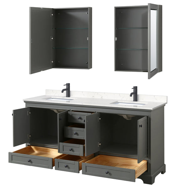 Wyndham Deborah 72 Inch Double Bathroom Vanity Carrara Cultured Marble Countertop, Undermount Square Sinks in Matte Black Trim with Medicine Cabinets - Luxe Bathroom Vanities