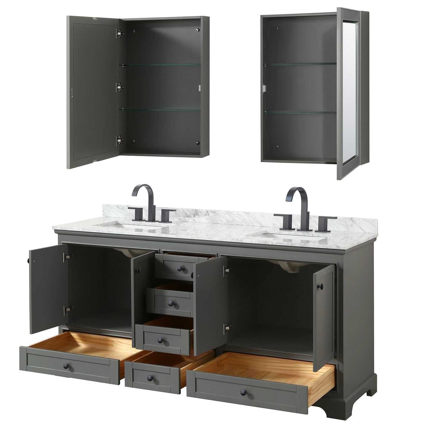 Wyndham Deborah 72 Inch Double Bathroom Vanity Undermount Square Sinks in Matte Black Trim with Medicine Cabinets - Luxe Bathroom Vanities