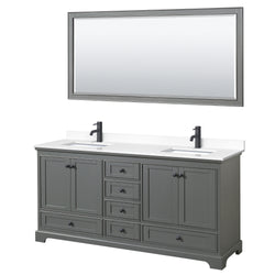 Wyndham Deborah 72 Inch Double Bathroom Vanity White Cultured Marble Countertop, Undermount Square Sinks in Matte Black Trim with 70 Inch Mirror - Luxe Bathroom Vanities