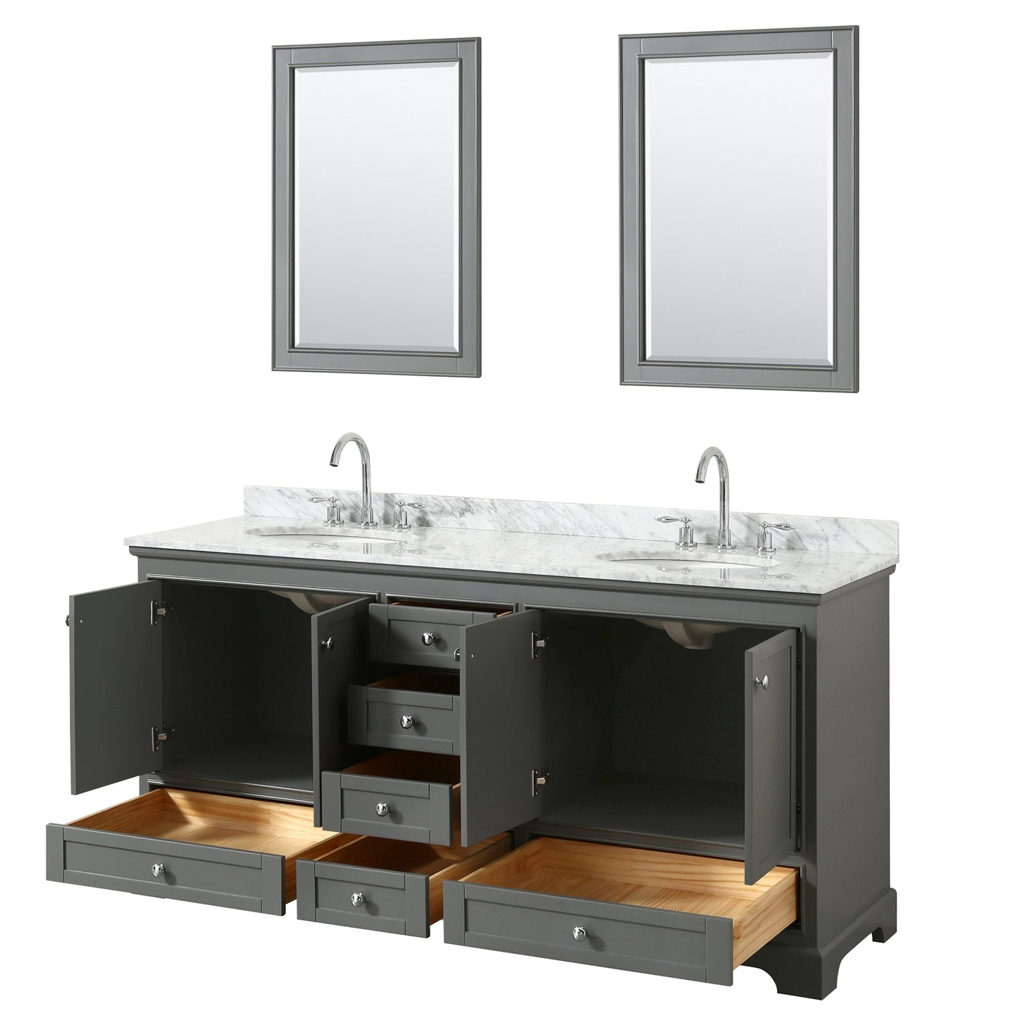 72 Inch Double Bathroom Vanity, White Carrara Marble Countertop, Undermount Oval Sinks, and 24 Inch Mirrors - Luxe Bathroom Vanities Luxury Bathroom Fixtures Bathroom Furniture