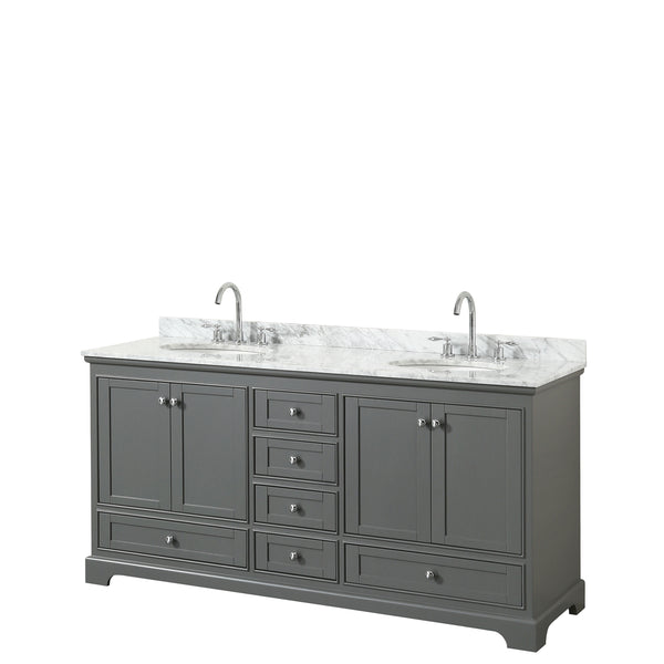 72 Inch Double Bathroom Vanity, White Carrara Marble Countertop, Undermount Oval Sinks, and No Mirrors - Luxe Bathroom Vanities Luxury Bathroom Fixtures Bathroom Furniture