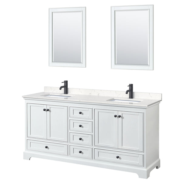 Wyndham Deborah 72 Inch Double Bathroom Vanity Carrara Cultured Marble Countertop, Undermount Square Sinks in Matte Black Trim with 24 Inch Mirrors - Luxe Bathroom Vanities