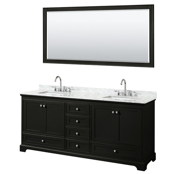 80 Inch Double Bathroom Vanity, White Carrara Marble Countertop, Undermount Square Sinks, and 70 Inch Mirror - Luxe Bathroom Vanities Luxury Bathroom Fixtures Bathroom Furniture