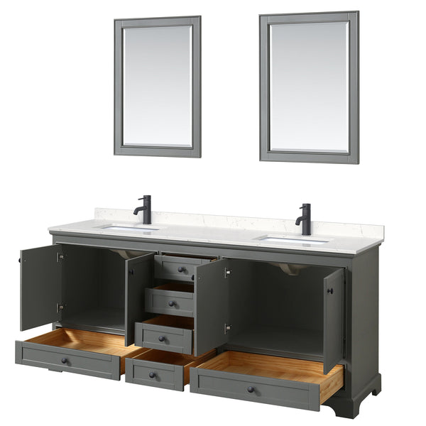 Wyndham Deborah 80 Inch Double Bathroom Vanity Carrara Cultured Marble Countertop, Undermount Square Sinks in Matte Black Trim with 24 Inch Mirrors - Luxe Bathroom Vanities